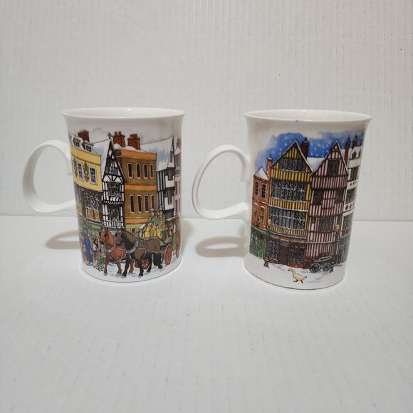 Dunoon Bone China 2 Mugs England Christmastime by Sue Scullard Carriage & Geese - Picture 3 of 7